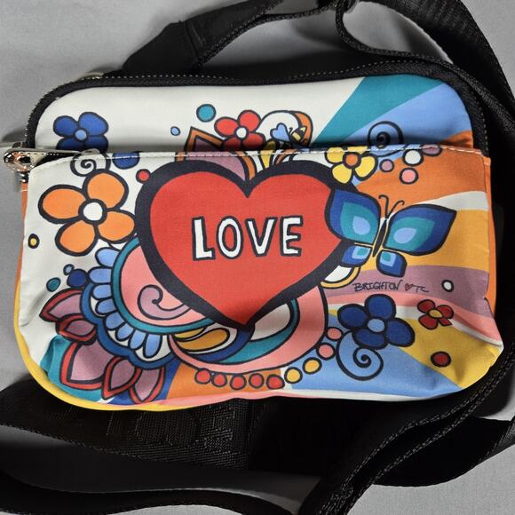 Brighton Love Hearts Crossbody Bag Womens Small Multicolor Nylon Zip Pockets EUC - Picture 2 of 12